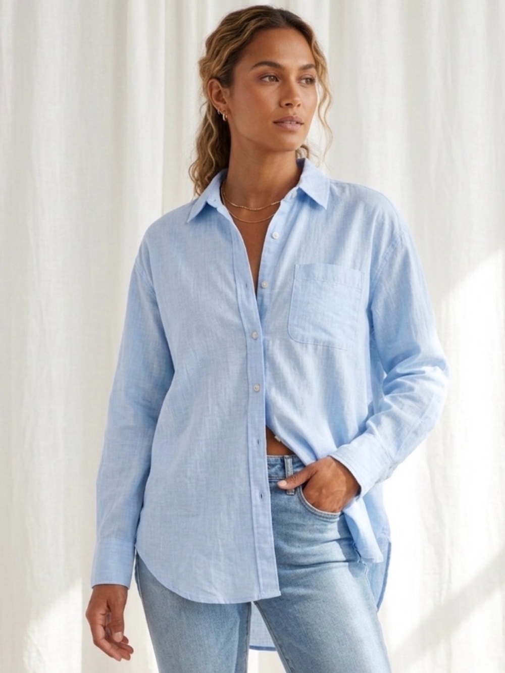 100% Cotton Casual Relaxed Light Blue Button-Front Shirt Lola River Size XS